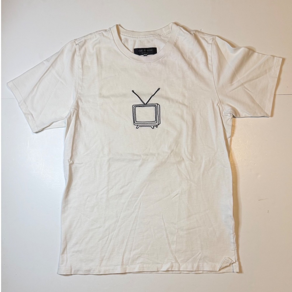 Rag & Bone T-Shirt Mens Medium White Cotton Embroidered TV Graphic Short Sleeve